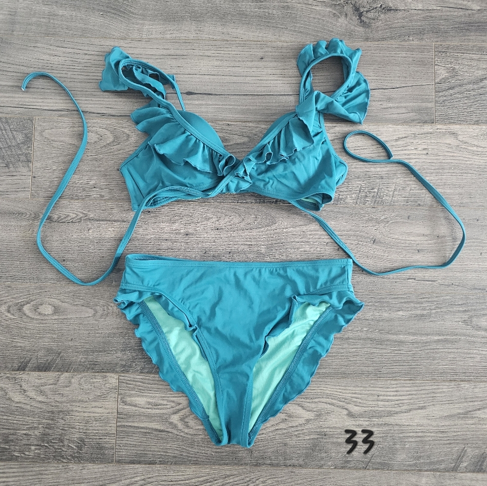 szL 34C Teal Ruffle Romantic Bikini Spring Break Beach Pool Shore‎ Lake Vacation